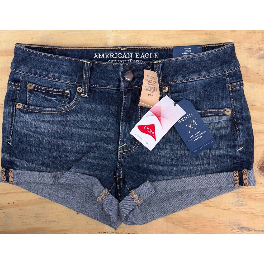 New American Eagle AEO Low Rise Super Stretch Denim Shortie Dark Wash 4 - Picture 3 of 8